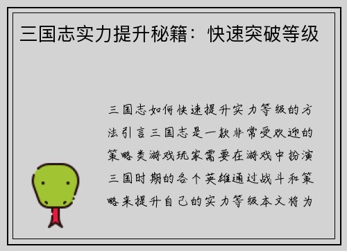 三国志实力提升秘籍：快速突破等级