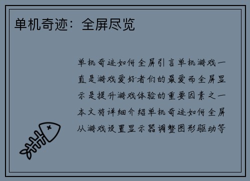 单机奇迹：全屏尽览